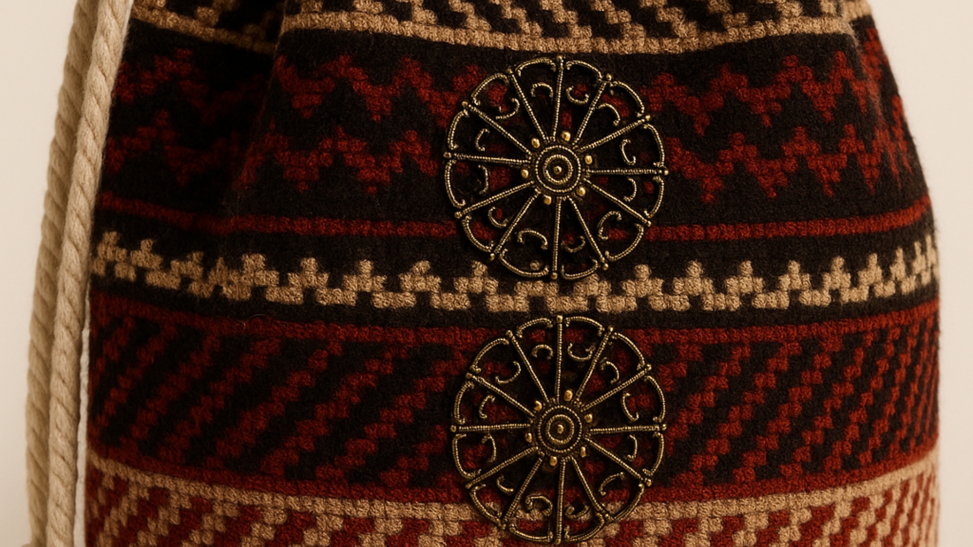 Two custom badges applied to fabric with a geometric pattern